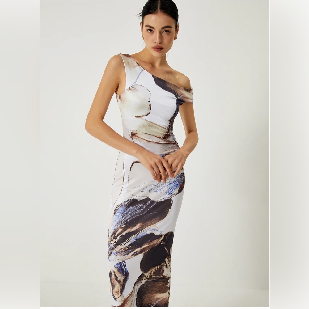 Asymmetrical Printed Off-Shoulder Slim Long Dress